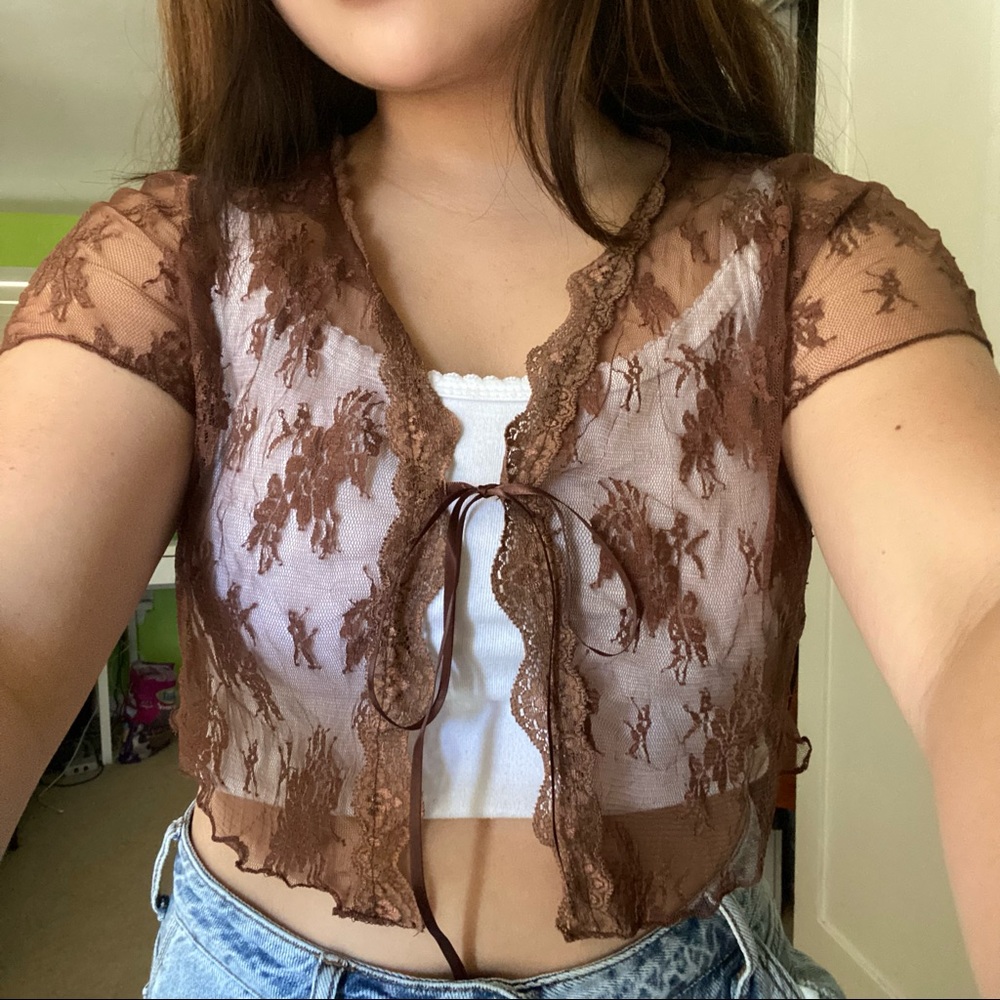 brown mesh tie front top